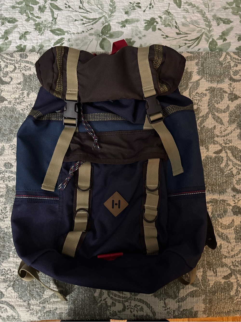 Tommy Hilfiger Navy, Brown, and Beige Roll-Top Backpack - Casual Daypack